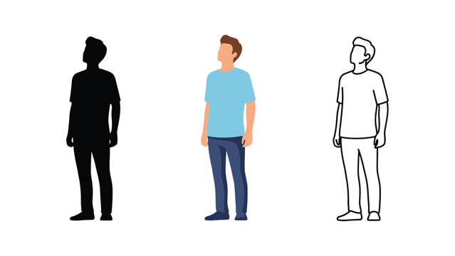 Set of three illustrations of a young man standing and looking upward in color, silhouette, and outline styles