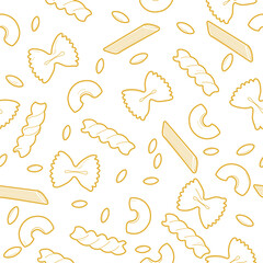 Seamless pattern of different types and shapes of pasta. Italian cuisine, various noodles types. Farfalle, penne, spaghetti, elbow pasta, orzo and fusilli. Background with different pasta.