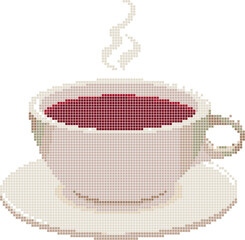 Cup of tea in pixel art style. Pixelated hot steamy cup of tea or coffee beverage. Hot drink mug in retro bit game art style. Vector illustration
