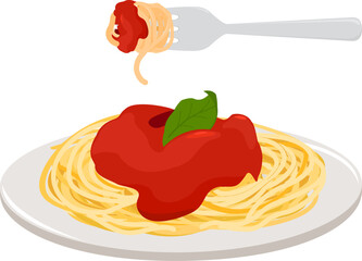 Spaghetti pasta dish with red sauce and fork. Pasta menu with tomato, Bolognese, red tomato sauce. Homemade cooked pasta on a plate with basil. Vector illustration