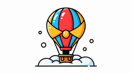 Colorful hot air balloon ascending into a sky with floating orbs © Pupus