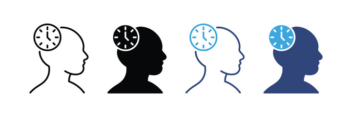 patience icon set. time management icon set. mind process symbol. brain with clock icon. vector illustration