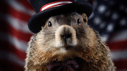 Happy Groundhog Day greeting card and American flag hanging on light background