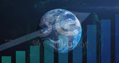 Animation of statistics and data processing with blue arrow over globe - Powered by Adobe