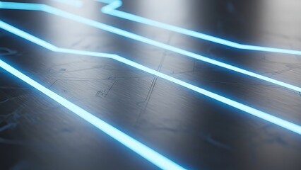 Abstract bright blue lines over a blurred circuit board background