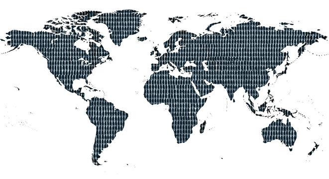 World map silhouette composed of a dense pattern of small, stylized human figures, representing global population or community.