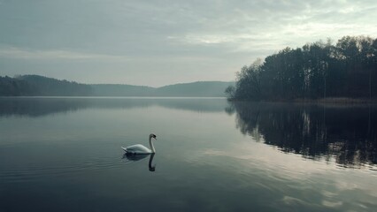 Naklejka premium Swan on a Misty Lake at Dawn