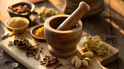A rustic mortar and pestle sits amidst an array of aromatic spices on a wooden cutting board, capturing the essence of culinary artistry and holistic wellness.
