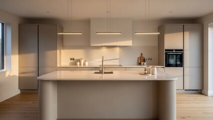 Modern Minimalist Kitchen Interior with Island and Warm Sunlight.