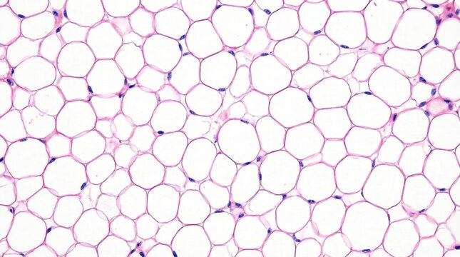 Microscopic view of adipose tissue showing adipocytes with nuclei at the periphery, stained with Hematoxylin and Eosin.