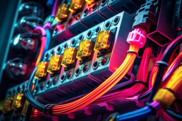 Close up of vibrant electrical cables and fuses powering a complex circuit system