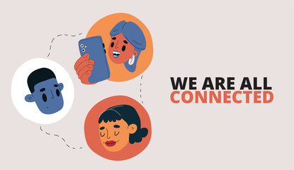 Cartoon vector illustration of people icons connected in a network, some with phones, some without, metaphor of communication, social networking, and digital connection