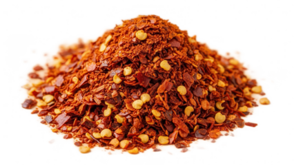 A close-up view of a pile of crushed red chili flakes isolated on transparent background