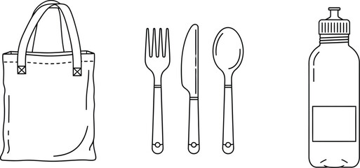 Eco Friendly Simple Line Drawings of Reusable Bag, Utensils, and Water Bottle for Sustainable Environment