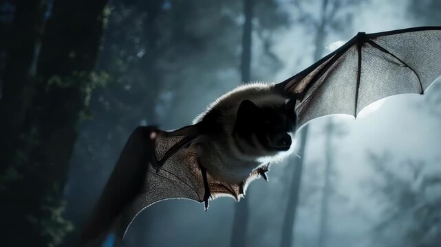 Bat Flying in Dark Forest at Night.