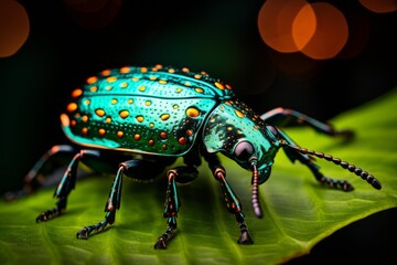 Fototapeta premium Iridescent beetle with teal and orange markings crawling on a green leaf