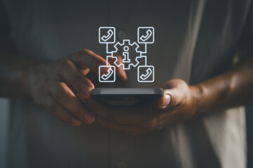 Person using smartphone with digital contact icons for customer service, technical support, and communication management. Business information and call center technology concept.