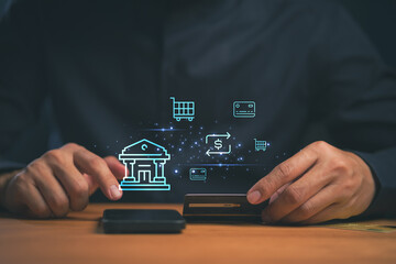 Person using credit card and smartphone for mobile banking, online shopping, and digital payments. Futuristic fintech transaction and electronic finance concept.