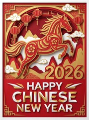 Obraz premium Chinese New Year 2026 Paper Cut Horse Illustration