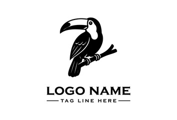 Black silhouette of a toucan perched on a branch with a logo and tagline on a white background. © Lucaa