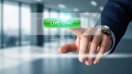 Closeup Businessman Hand touching Live Chat button, representing instant support, real-time communication, and customer engagement technology