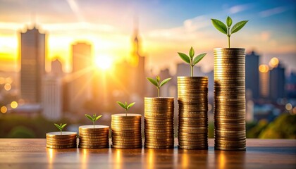Stacked coins with plants symbolizing financial growth and success, set against a city skyline at sunrise.
