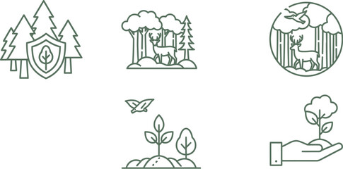 Eco Friendly Sustainability Icons Representing Nature and Environment in Simple Line Art Style