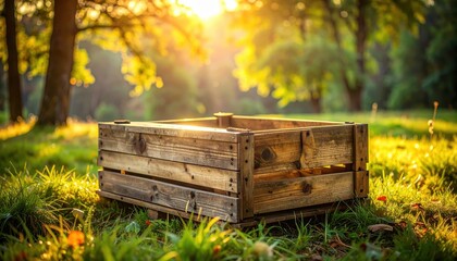 A wooden crate sits in a sunlit forest clearing, surrounded by vibrant greenery and bathed in warm, golden light.
