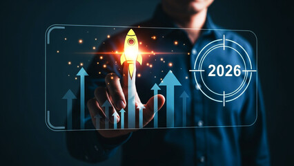 A businessman's hand touches a virtual screen button to connect a global network and digital map on a futuristic computer interface