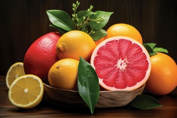 Citrus fruits like grapefruit, oranges, and lemons in a wooden bowl with green leaves