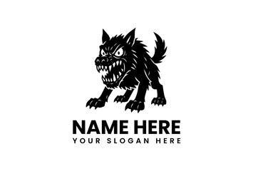 Black wolf logo with sharp teeth and claws on white background with text 'NAME HERE' and 'YOUR SLOGAN HERE'.