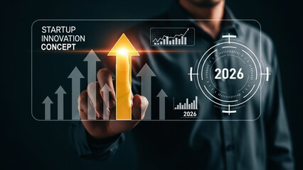 Businessman hand pressing virtual button on a touchscreen interface representing technology solution and successful business management strategy