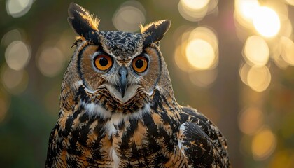 Close-up of a great horned owl with vivid eyes and intricate feathers, set against a sun-dappled forest background.