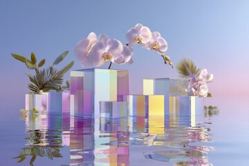 Abstrakte 3D-Komposition mit schwebenden Glasformen, Orchideen und Spiegelung
