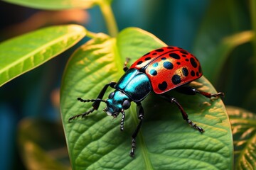 Fototapeta premium Vibrant beetle with a spotted red and blue green body resting on a fresh green leaf