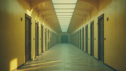 Eerie Liminal Corridor with Soft Yellow Light