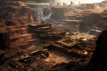 Vast mining operation extracting resources from a desert canyon, dwarfed by a distant urban skyline