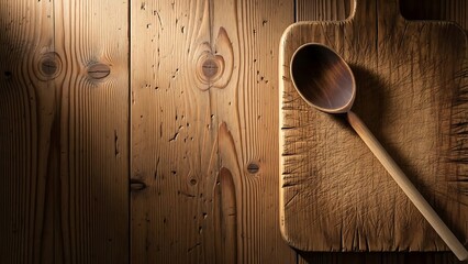 Vintage wooden kitchen utensils including a spoon and fork rest on a natural brown hardwood table featuring a rough timber grain texture and aged oak planks