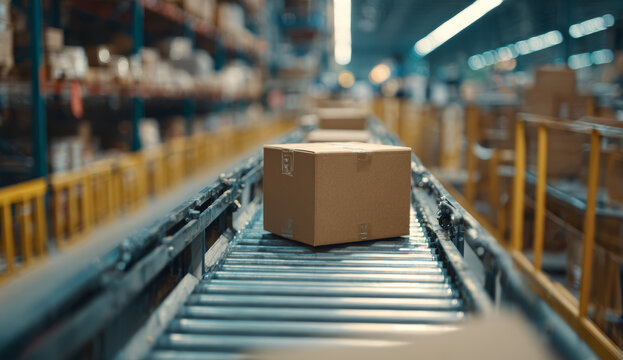 Brown corrugated cardboard box with smooth surface and sharp edges moving along a metal conveyor belt in a warehouse storage facility