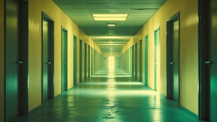Empty Liminal Passage with Yellow Ambient Lighting