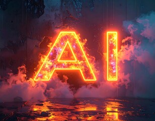 Glowing "AI" text amid smoke and textured background