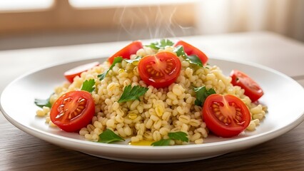 Gourmet plate of fresh spaghetti pasta with spicy tomato sauce and green basil served as a delicious dinner dish with vegetables