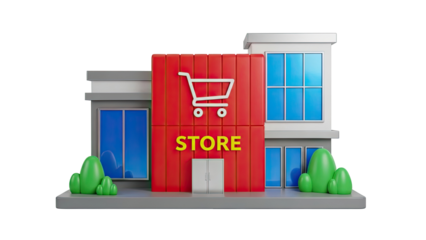 Stylized 3D Store Building with Shopping Cart Icon