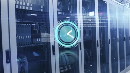Animation of ticking clock and data processing against computer server room - Powered by Adobe