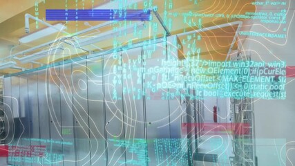 Animation of screens with data processing and topography against computer server room - Powered by Adobe