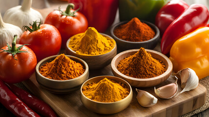 A vibrant assortment of culinary spices artfully arranged alongside fresh, colorful vegetables.
