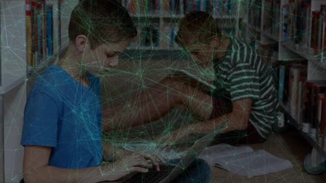 Animation of network of connections over caucasian schoolboys in library