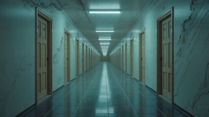 Infinite Corridor with Doors Soft Light Dreamlike Mood
