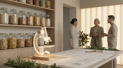 Scientists discussing research in a modern lab setting