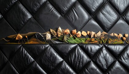 Floral display against quilted, black leather; a visual contrast